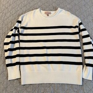 Philosophy Womens White Black Striped Knit Sweater Crewneck Ribbed Hem Sz S